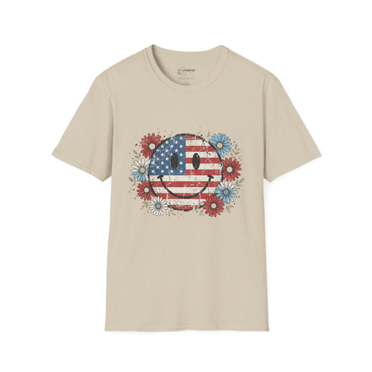Vintage Smiley Floral Patriotic T-Shirt